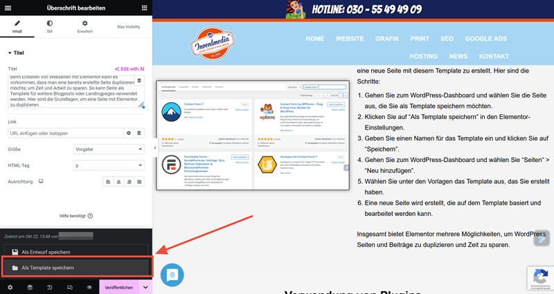 Elementor Seite duplizieren - Als Template speichern